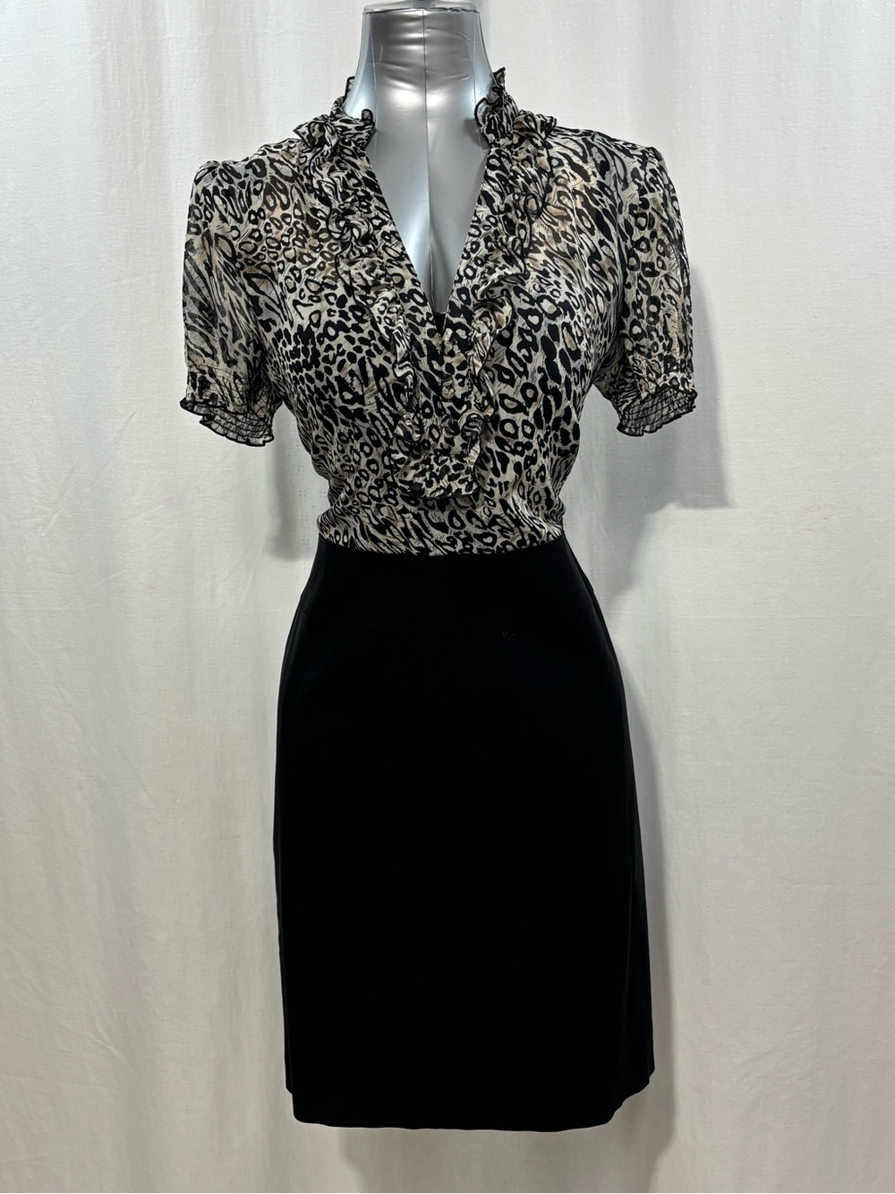Denver Hayes Black Pencil Midi Dress with Beige & Black Leopard Top XL 508